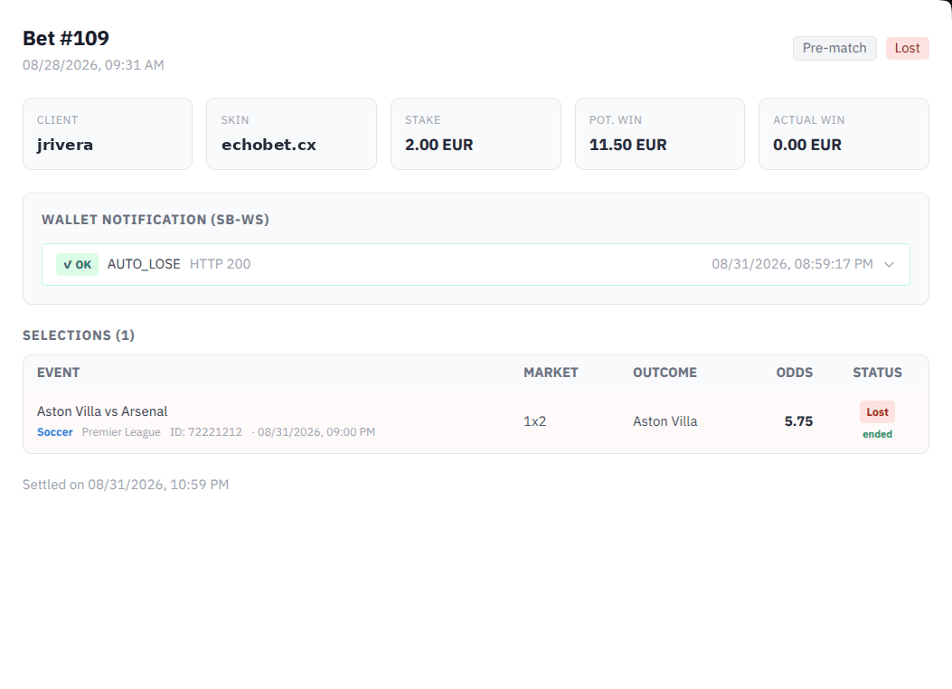 A coupon opened: selections, odds, wallet calls and settlement.
