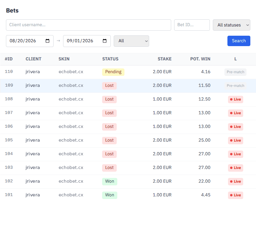 The bets register with its filters, brand column and live indicator.
