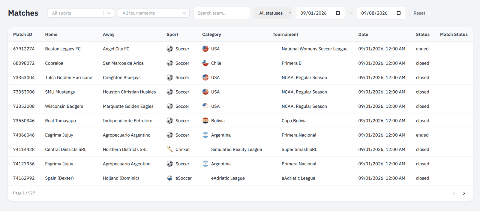 Fixtures across every sport the feed carries, filtered to a date range.