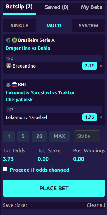 A multiple on the slip: total odds, the stake shortcuts, and the accept-changes choice above the button.
