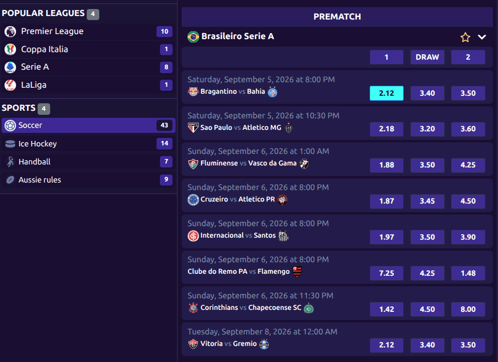 The event list with live events, default markets and moving prices.