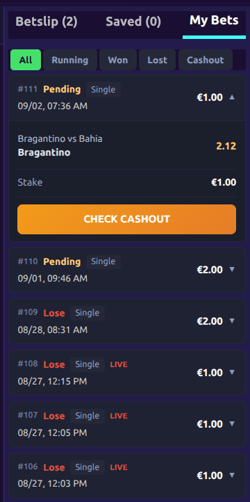 A player’s open coupons, with cashout where it is offered.