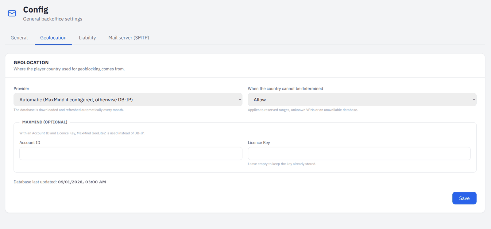 The four tabs, with geolocation open: provider, fallback and the optional MaxMind credentials.